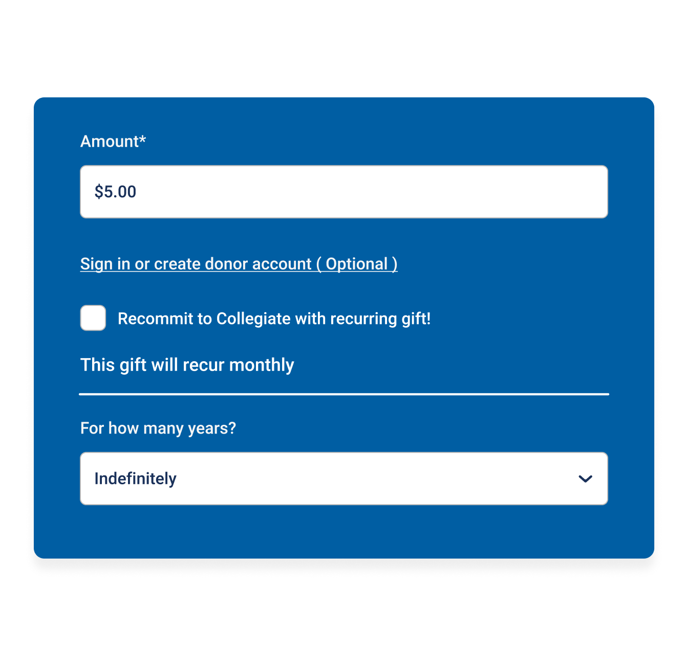 Closeup of giving form fields showing recurring giving options