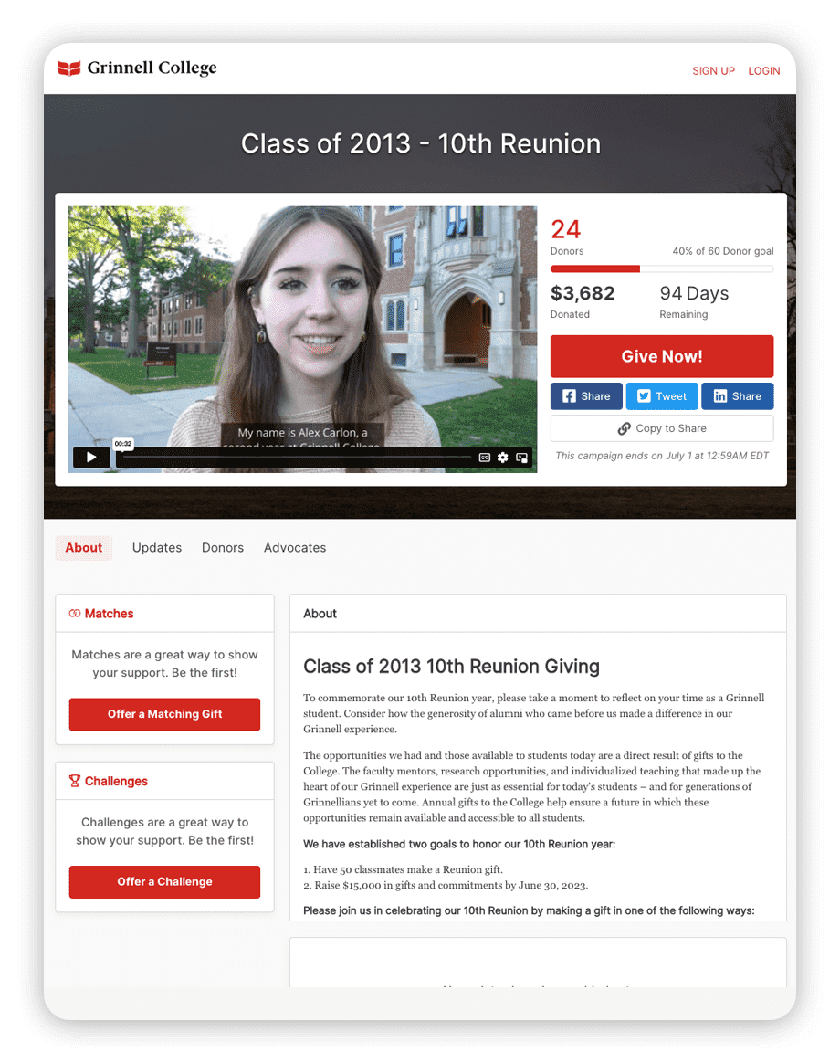 Grinnell College fundraising campaign page.